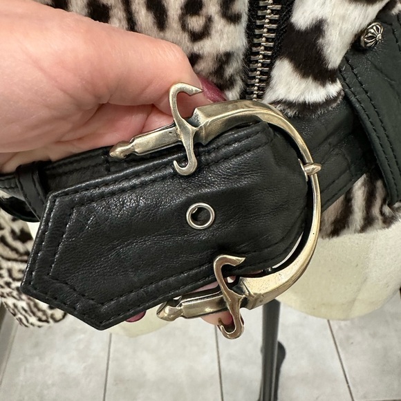 Cesare Paciotti Leopard animal print dagger rabbit fur Moto jacket XS - Picture 16 of 16